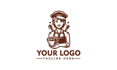 Smiling female chef logo, holding coffee cup, vintage style.