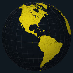 Republic of Costa Rica on Globe. Country view on the world map in Charcoal Bright Yellow color palette. Costa Rica shape on map. Globe with meridians, parallels, countries, rivers and lakes.