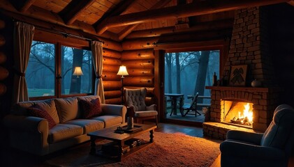 Fototapeta premium Cozy Cabin Interior at Night Warm Lamplight, Fireplace Glow, Rustic Decor, Inviting Atmosphere Perfect for Travel, Vacation, or Home Decor Websites