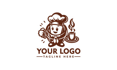 Cartoon chef character made of a cup, holding another cup, with a chef hat and tie.