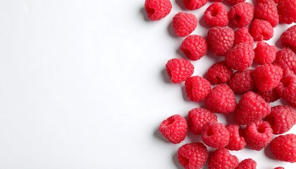 Fresh Raspberries Scattered on White Background  Top View with Healthy Eating Concept.