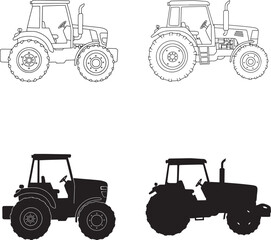 Four Tractor Illustrations in  Line Art and Silhouette