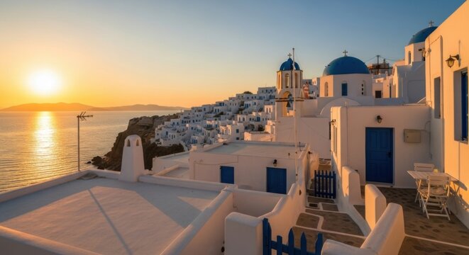 Fototapeta Sunset Over Whitewashed Greek Island Village with Blue Domed Churches and Narrow Streets