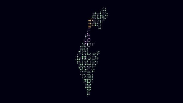 Israel map animation. Shape of the country with pulsating colored dots. Small size circle blocks. Digital style Israel map on dark background. Beautiful video.