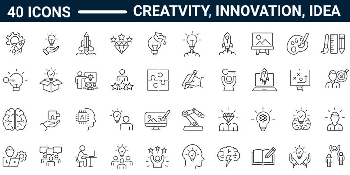 creativity, idea, innovation, teamwork, invention Web Icon Set in Line Style. Pictograms and infographics for mobile apps, web. Editable stroke.