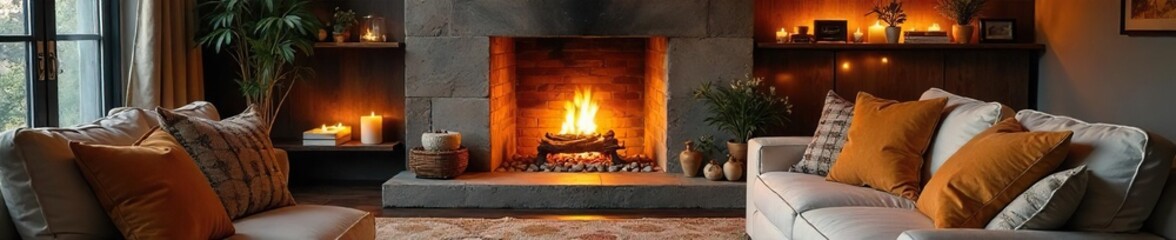 Cozy living room interior with a fireplace, throw pillows, and warm lighting, creating a relaxing and inviting atmosphere for a comfortable home , modern, mantelpiece