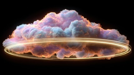 Digital cloud formation in blues and pinks with a glowing circular light trail against a stark black background, creating a surreal atmosphere