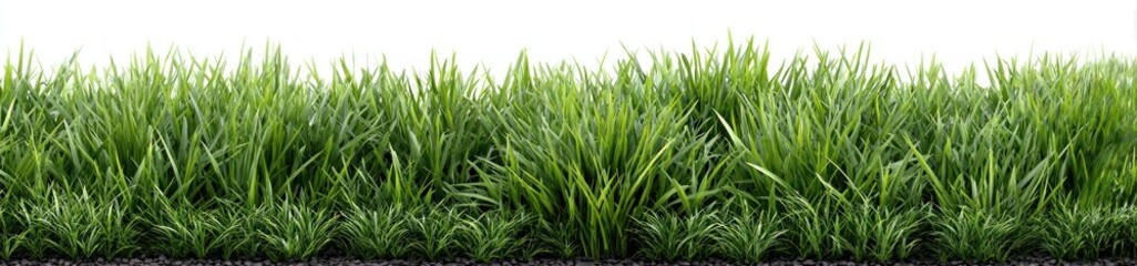 Obraz premium Patch of lush, green grass blades sit atop soil against a white background. Horizontal