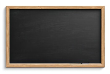Isolated blackboard with wood frame. Blank slate and chalk at bottom right. The background is white with a shadow