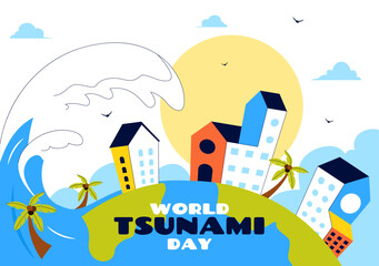World Tsunami Awareness Day Vector Illustration on November 5, featuring Waves Crashing into Houses, Trees, and Buildings in a Flat Style Background