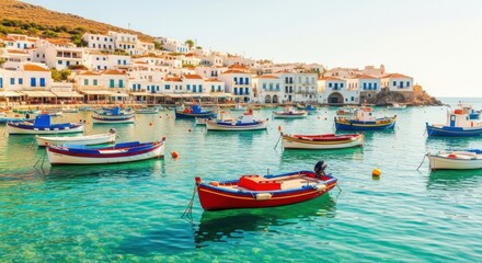 Colorful Boats Floating in Calm Turquoise Harbor with White Coastal Buildings in Bright Sunlight