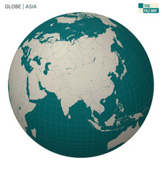 Fototapeta premium Vector Globe centered to Asia. Teal Pale Mint palette. World map with meridians, parallels, countries, rivers and lakes. Charming vector illustration.