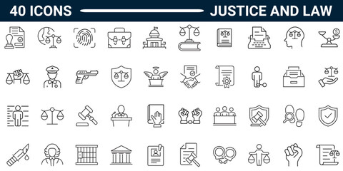  A collection of Law, Justice icons with editable stroke styles. Icons for web and mobile applications. Complete vector illustrations. A series of pictograms.