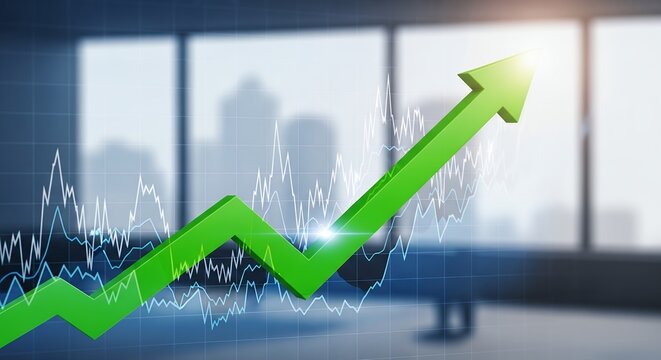 A green arrow pointing upward, overlaid on a financial chart in a blurred office setting. Concept for business growth, investment strategies, and market analysis - Powered by Adobe