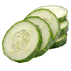Cucumber sliced into multiple thin round pieces, fresh vegetable isolated on white background. PNG