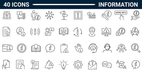 Information line icon set. Includes info, help, inform, support, news, about us, instructions and notice. Editable stroke. Vector illustration