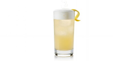 A tall glass filled with a yellow cocktail, topped with white foam and lemon twist garnish. Concept for summer refreshment, bar menu, and party celebration