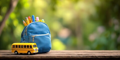 Back-to-school scene featuring a blue backpack filled with school supplies beside a small yellow toy bus, set against a blurred green backdrop