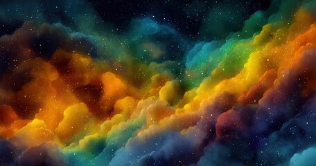 A swirling expanse of cosmic dust clouds in vibrant, contrasting hues against a dark backdrop speckled with distant stars