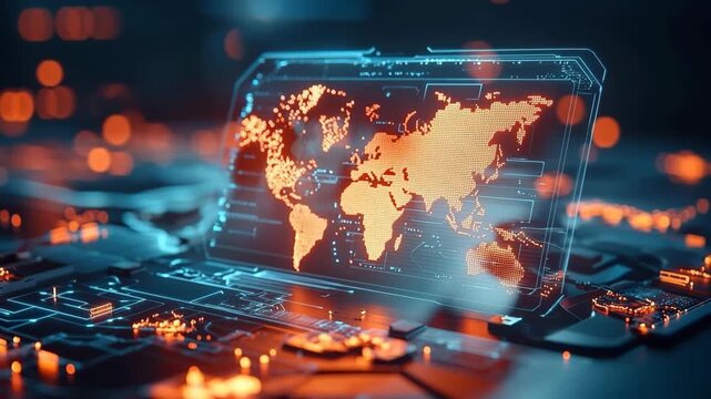 Futuristic digital world map interface glowing laptop, cyber technology, global network, advanced data connectivity, and innovative global network - Powered by Adobe