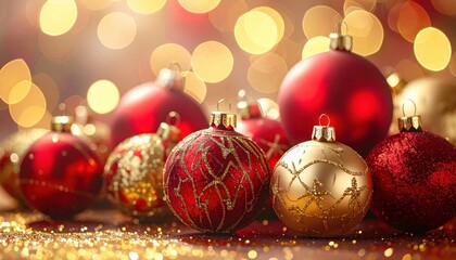 Close-up of red and gold Christmas ornaments on glitter, with glowing festive bokeh lights in the background, perfect for holiday design