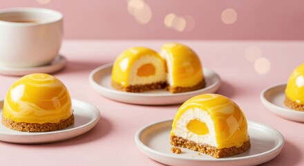 Colorful Yellow Dessert with Creamy Filling and Biscuit Base on Pink Background