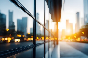 Fototapeta premium A modern cityscape, seen through a facade of paneled glass, showcases a warm sunset glow.