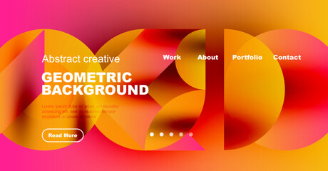 Vibrant geometric background design. Features overlapping circles, text elements, navigation menu, red button. Modern, creative aesthetic.