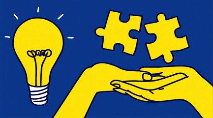 Simplified cartoon of bright yellow hands presenting puzzle pieces next to a lightbulb against a dark blue background
