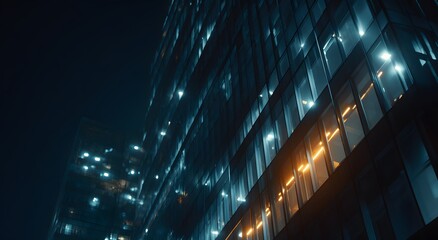 A modern glass skyscraper glows with cool blue and warm yellow lights at night.