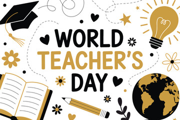 Celebrating world teacher's day with educational icons and decorative elements on a white background