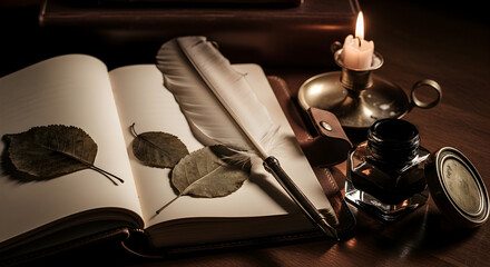 Still life of a candle, a feather pen, inkwell, and a journal with leaves and candles