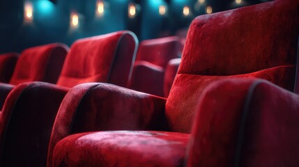 Fototapeta premium A cozy red velvet movie theater seat, dimly lit with a blurred background of the theater.