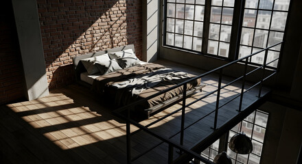 Sunlight Illuminates Loft Bedroom With Modern Design And Brick Wall Features