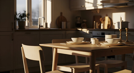 Sunlight Illuminates Kitchen, Composing A Serene And Inviting Dining Table