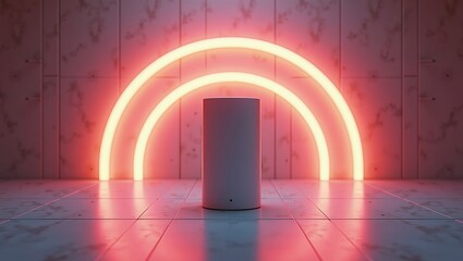 Futuristic innovation and modern technology concept with cylindrical smart device against glowing neon arc lights in minimal interior
