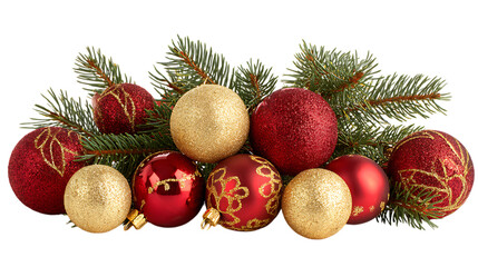 Christmas ornaments and pine branches isolated on transparent background.