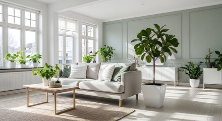 Sunlight-Filled Living Room with Modern Decor, Plants, and Serene Interior Design