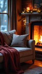 Cozy winter scene featuring a plush couch with soft throw blankets, illuminated by warm, inviting fireplace light Perfect for relaxation and comfort during the cold season , interior, plush