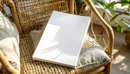 Blank white book cover mockup resting on a natural wicker chair in a sunlit bohemian interior. A cozy and minimalist lifestyle concept for design presentation
