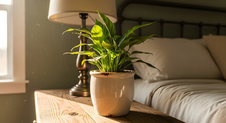 Sunlit Bedroom Ambiance Featuring Botanical Decoration and Atmospheric Lighting