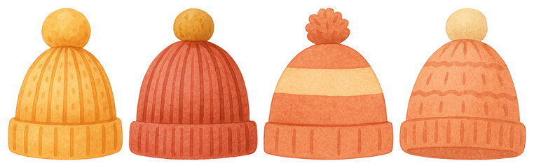 PNG Colorful knitted winter hats illustration, element set on transparent background