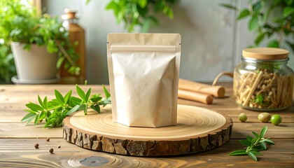 Front view of a blank kraft paper packaging pouch on a wooden coaster with green leaves, perfect for organic food product branding mockups