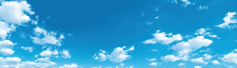 Vast blue sky filled with fluffy white clouds, some scattered, others clustered. A scenic daytime vista, serene and open