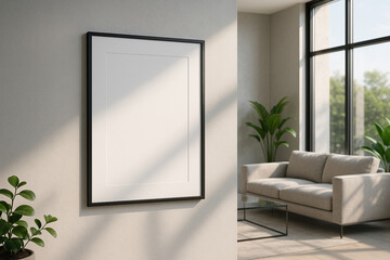 A4 poster mockup, black frame on wall, modern living room interior, minimalist home decor, blank template for presentation, photorealistic 3D render