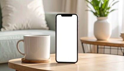 Smartphone with a blank white screen mockup on a coffee table in a cozy, sunlit living room interior for app or website display