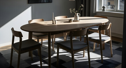 Sunlit Dining Room Interior with Wooden Table and Chairs, Cozy Aesthetic