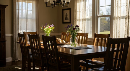 Fototapeta premium Sunlit Dining Room Setting with Wooden Furniture, Flowers, and Natural Light