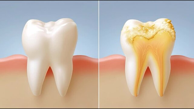 3D medical illustration of healthy tooth vs decayed tooth with plaque and enamel damage, dental health comparison