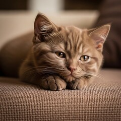 A close-up view of a young, light brown tabby kitten resting on a textured beige couch, showcasing its soft fur and attentive expression.